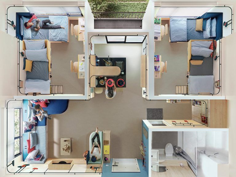 distribución de vivienda flex living tipo coliving